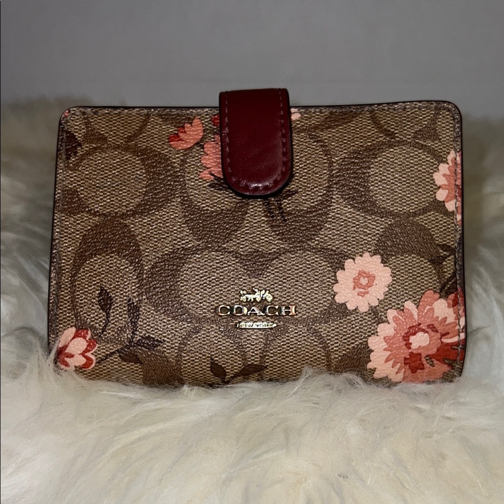 Coach Brown Signature Floral Wallet with Red Tab